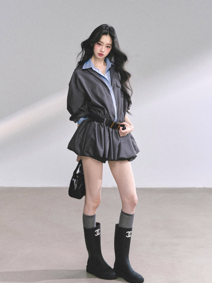 少也眼 Yale Preppy Puff Mini Dress Set with Shorts, Belt & Shawl (Gray)