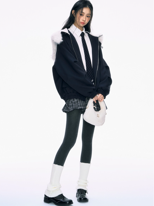 PCH - Navy Blue Padded Jacket with Faux Fur Collar