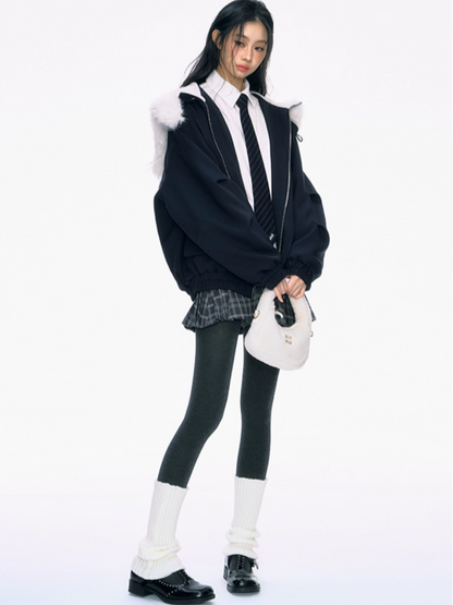 PCH - Navy Blue Padded Jacket with Faux Fur Collar