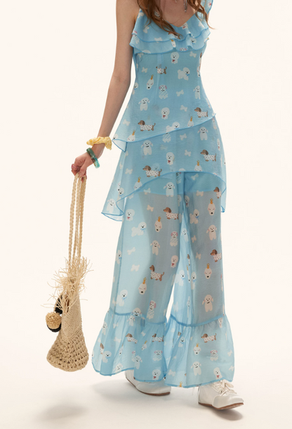 Sky Blue Puppy Print Ruffle Cami & Wide-Leg Pants Set WE969
