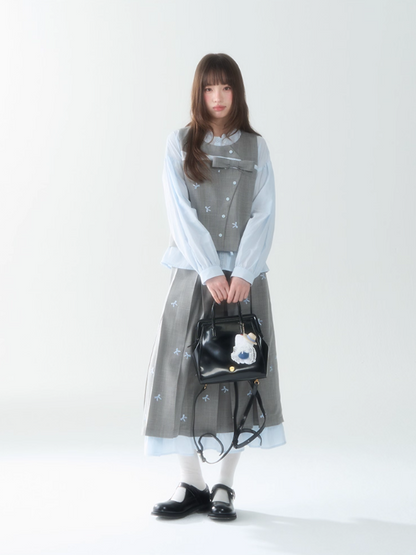 罐头士多所 - "Blue Whisper" Bow-Tie Vest Top & Pleated Skirt Set