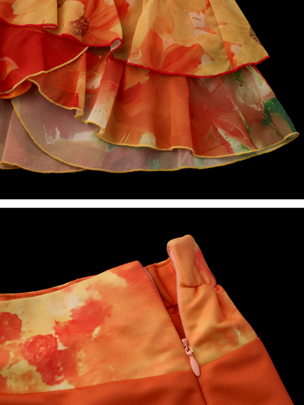 "Sunset Orange Bloom" Asymmetric Layered Mini Skirt WE942