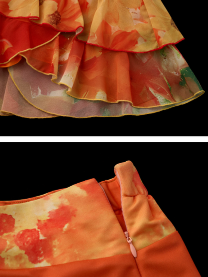 "Sunset Orange Bloom" Asymmetric Layered Mini Skirt WE942