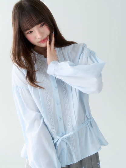罐头士多所 - "Blue Whisper" Ruffled Collar Lace Shirt