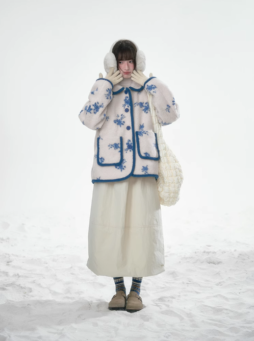 潘羅羅 - Blue Floral Imitation Lambswool Jacket