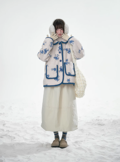 潘羅羅 - Blue Floral Imitation Lambswool Jacket