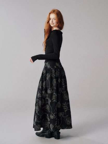 "糖果多巴胺" Color-Accented Embroidered Flared Midi Skirt (Black)