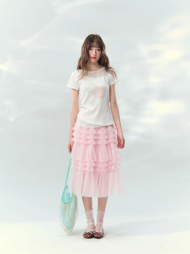 “Apple Mist Daydream” White Apple Print Ruched Tee