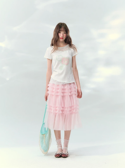 “Apple Mist Daydream” White Apple Print Ruched Tee