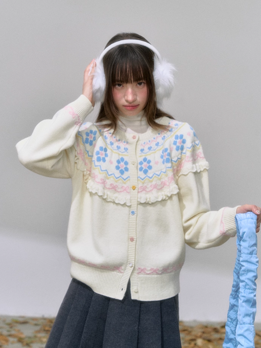 "暖织花叙" Fair Isle Wool Sweater with Ruffle Trim