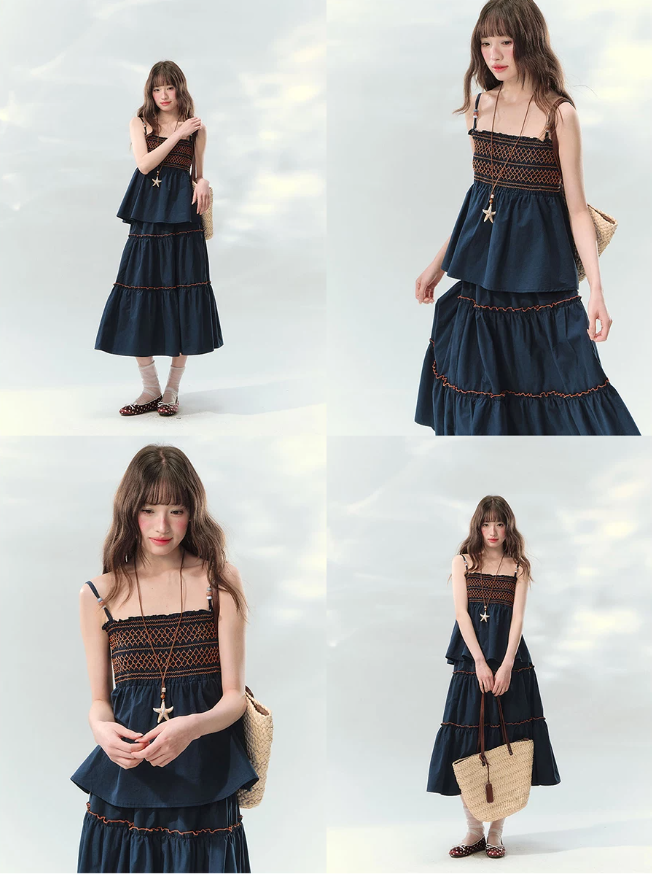 “Bohemian Travel Notes” Navy Beaded Cami & Tiered Maxi Skirt Set