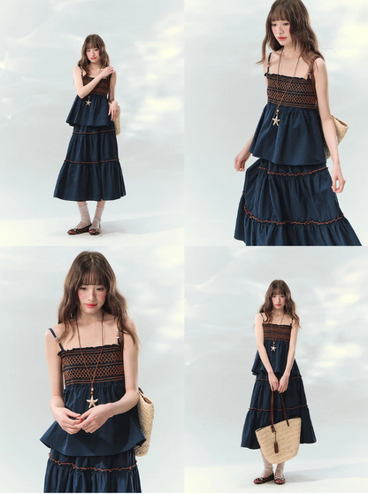 “Bohemian Travel Notes” Navy Beaded Cami & Tiered Maxi Skirt Set