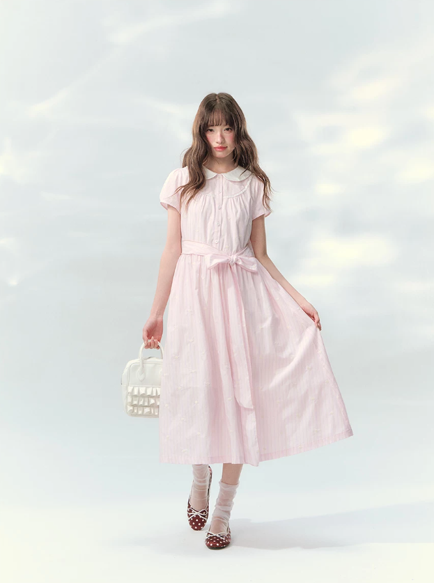 “Pink Mist Soufflé” Blush Pink Embroidered Doll Collar Dress