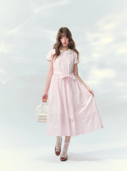 “Pink Mist Soufflé” Blush Pink Embroidered Doll Collar Dress