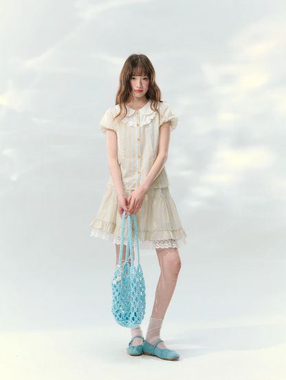 “Spring Lemon Breeze” Milk Blue Striped Shirt & Tiered Mini Skirt Set