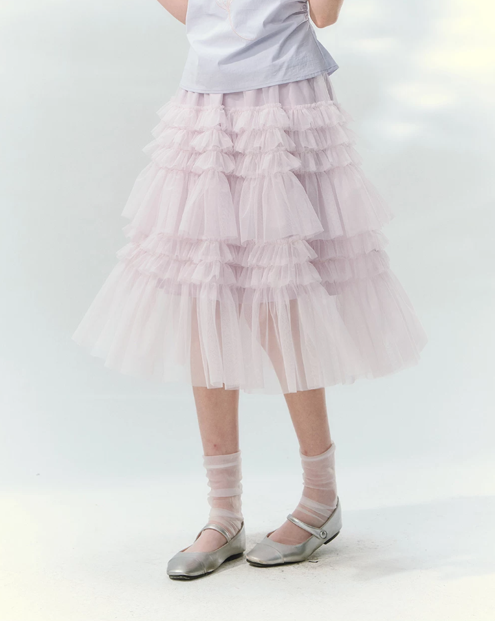 “Taro Peach Layers” Dusty Lilac Tiered Tulle Midi Skirt