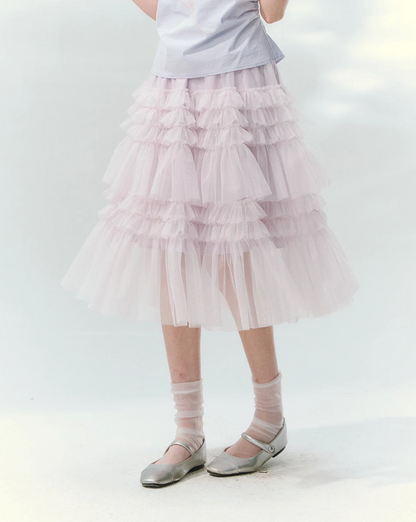“Taro Peach Layers” Dusty Lilac Tiered Tulle Midi Skirt