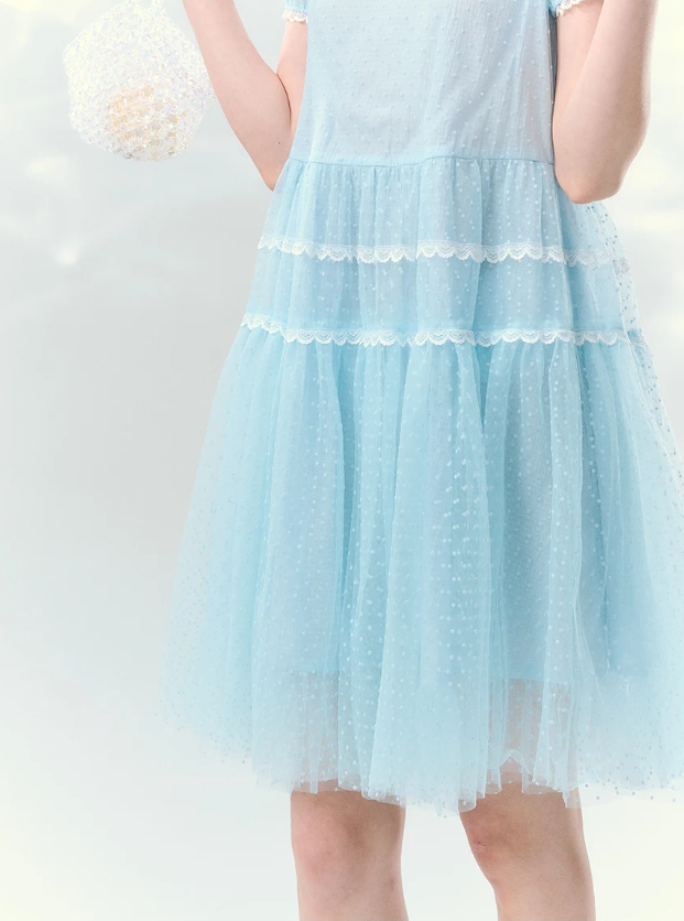 “Ice Blue Polka Dream” Blue Polka Dot Tiered Mini Dress
