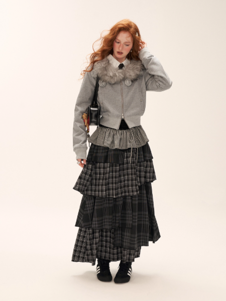 MAMC - Asymmetrical Shoulder Detachable Fur Collar Floral Jacket WE762 - GRAY