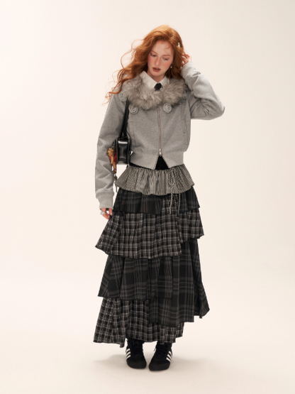 MAMC - Asymmetrical Shoulder Detachable Fur Collar Floral Jacket WE762 - GRAY