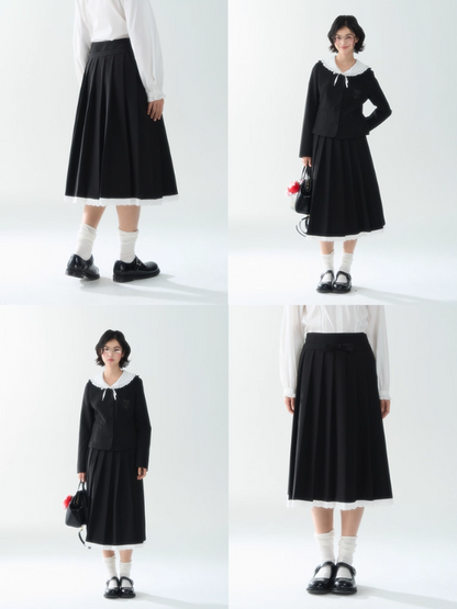 罐头士多所 - "Autumn Scholar" Embroidered Waist-Cinching Collar Coat & Black Skirt Set