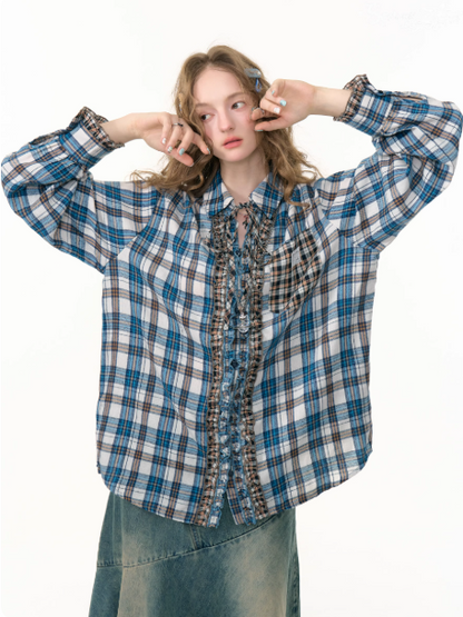 ZiziFei - Oversized Vintage Plaid Shirt with Ruffles