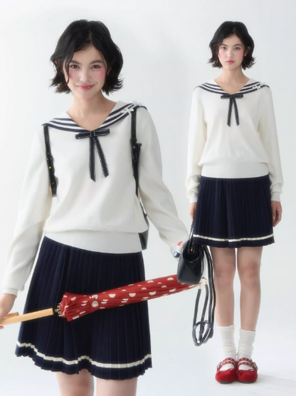罐头士多所 - Cream Knit Sailor Collar Sweater & Pleated Skirt Set – Preppy Soft Girl Outfit