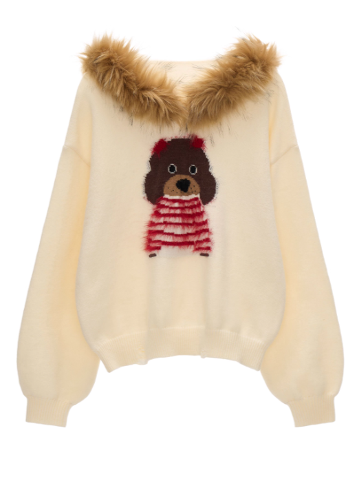 MAMC - Dog Fur-Trim Pullover Hoodie Sweater WE805 - Beige