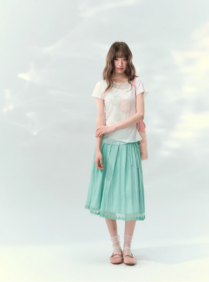 “Mint Waltz” Mint Green Lace Trim Pleated Midi Skirt