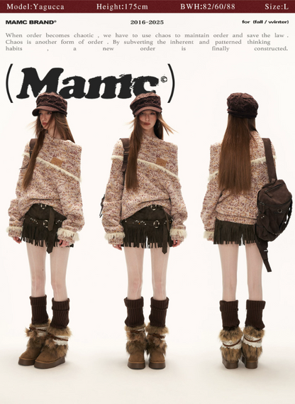 MAMC - Beige Slouchy Textured Off-Shoulder Turtleneck Sweater