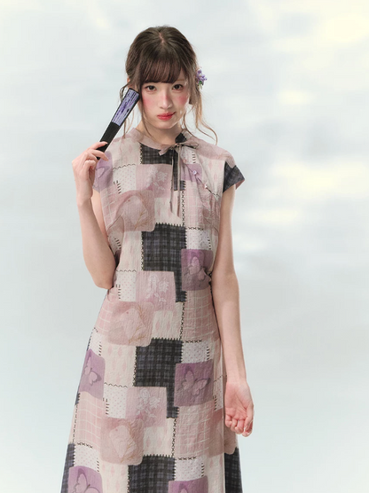 “Wisteria Poetry” Purple Patchwork Print Cheongsam Dress