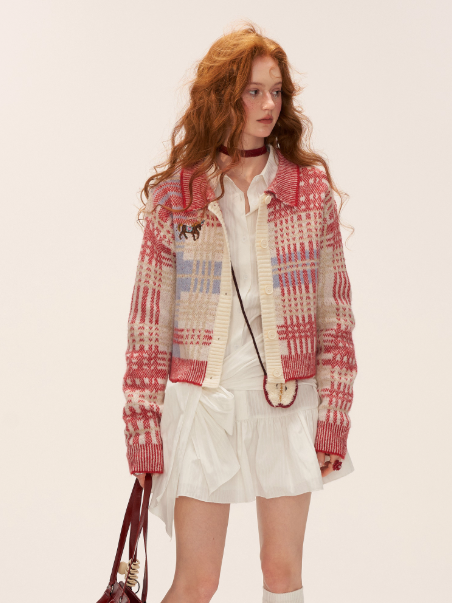MAMC - Red Plaid Merino Wool Knit Cardigan WE831