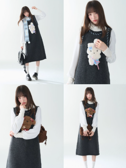 罐头士多所 - "Snowland Friends" Knit Vest Dress – Removable Plush