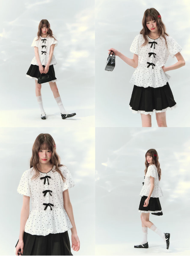 “Polka Soufflé” White Polka Dot Bow Peplum Blouse