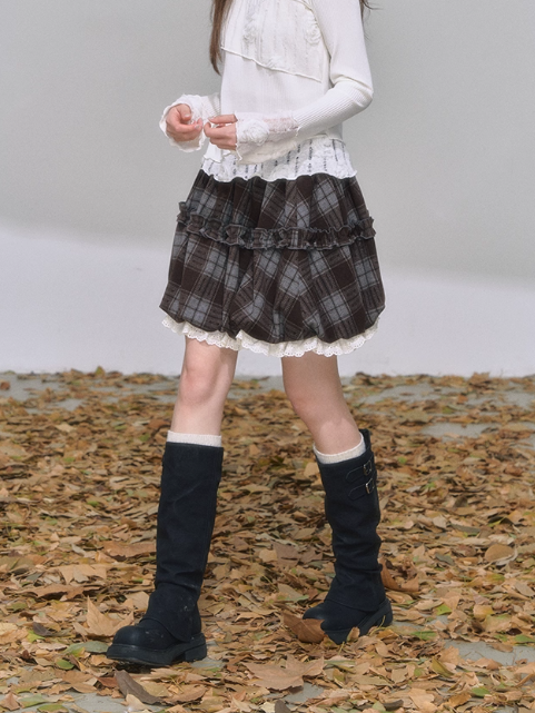 “热可可派对” Plaid Bubble Hem Mini Skirt with Lace Trim