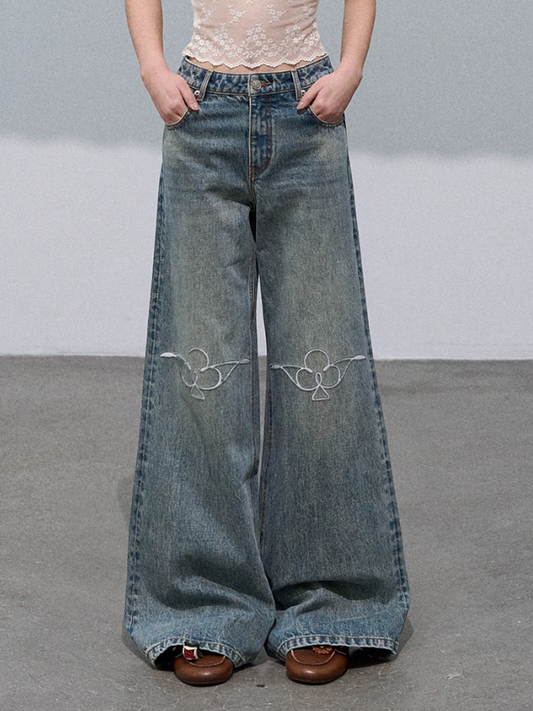 OAKMOO - "Soft Ridge" Washed Cotton Denim Wide-Leg Jeans – Vintage Stonewash 25Q426