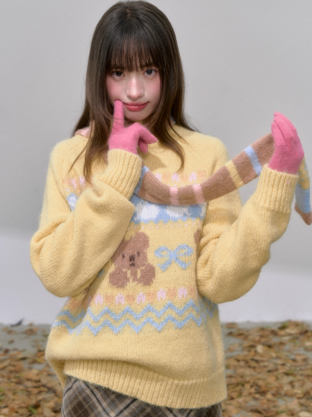 "蜂蜜松饼熊" Honey Yellow Bear Knit Sweater (with coordinating scarf)