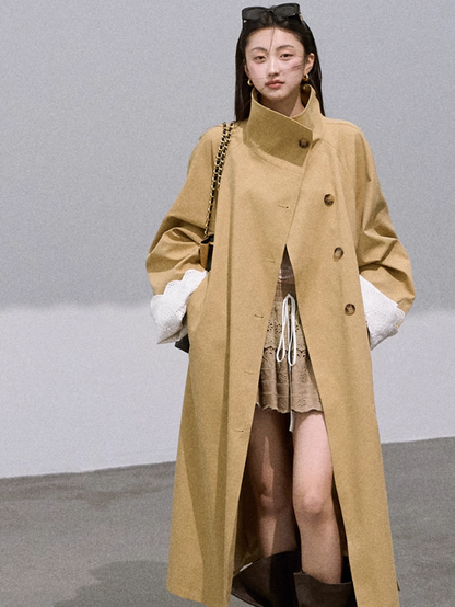 OAKMOO - "Grass Whisper" Oversized Long Trench Coat – Amber Khaki 25Q412