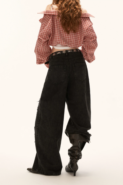 MAMC - "Street Rebel Mood" Distressed Black Straight-Leg Jeans WE932