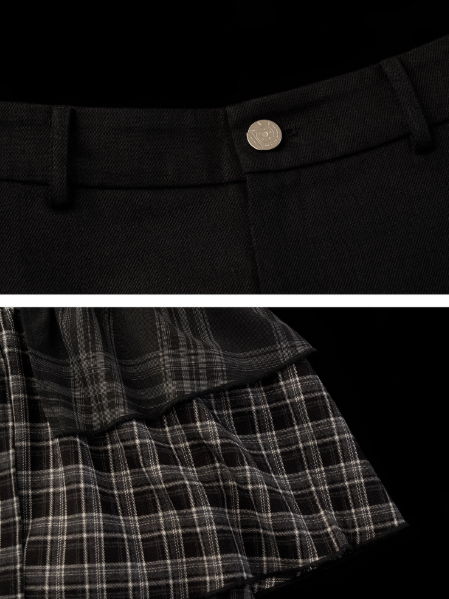 MAMC - Black Plaid Layered Midi Skirt with Denim Patchwork