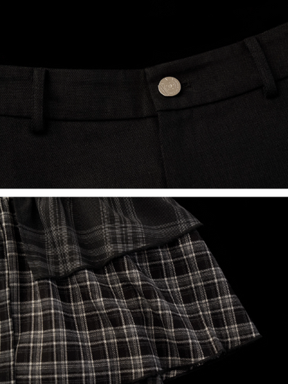 MAMC - Black Plaid Layered Midi Skirt with Denim Patchwork