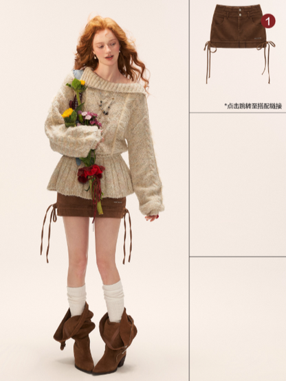 MAMC - Beige Cable Knit Tie-Waist Sweater WE835