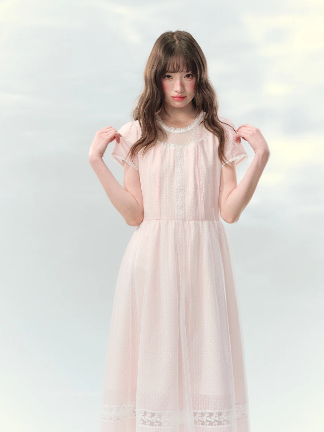 “Peach Bubble Romance” Pink Polka Dot Lace Midi Dress