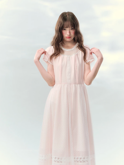 “Peach Bubble Romance” Pink Polka Dot Lace Midi Dress