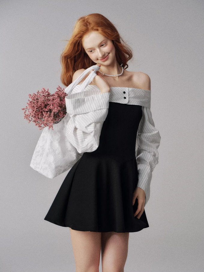 Off-Shoulder Knit Dress with Lantern Sleeves (Black & White)