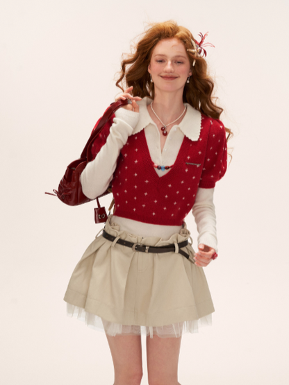 MAMC - Vintage Crochet V-Neck Puff Sleeve Sweater WE837 - RED