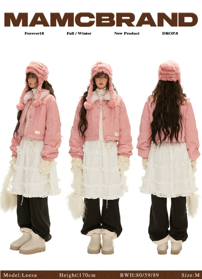 MAMC - Pink Quilted Faux Fur Bomber Jacket with Ribbon Detail