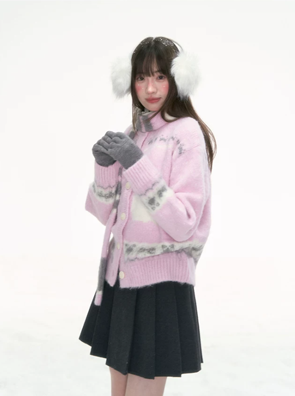 [CAN] Pink Cat Jacquard Knit Cardigan with Bow & Bell Details (With Coordinating Scarf)