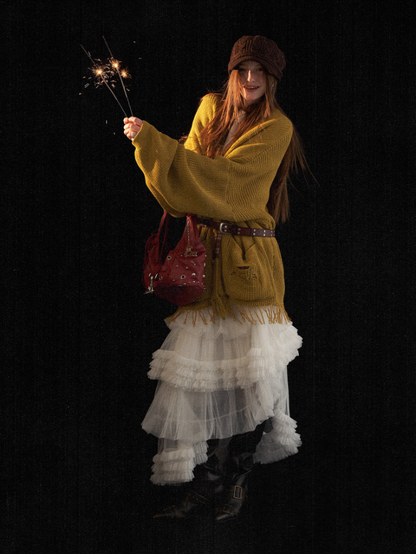MAMC - Fringe-Appliqué Loose Knit Cardigan – Yellow WE811