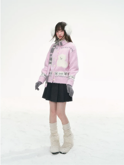 [CAN] Pink Cat Jacquard Knit Cardigan with Bow & Bell Details (With Coordinating Scarf)
